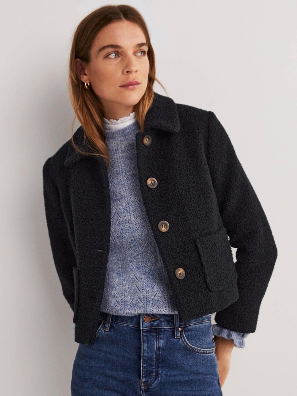 Boden Navy Crop Boucle Jacket